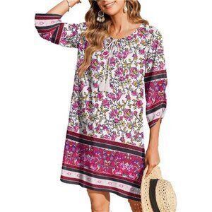 Womens 3/4 Sleeve Mini Dress White Pink